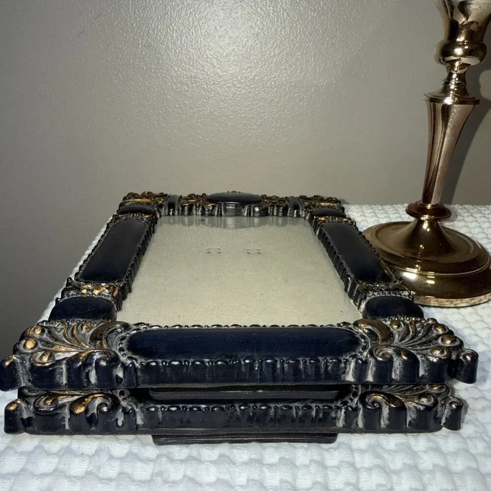 Vintage Hollywood Regency Navy Blue Gold 5x7 Picture Frames Set of 2 Ornate